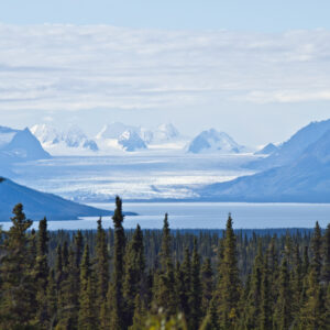 A distant view of an Alaskan glacier.